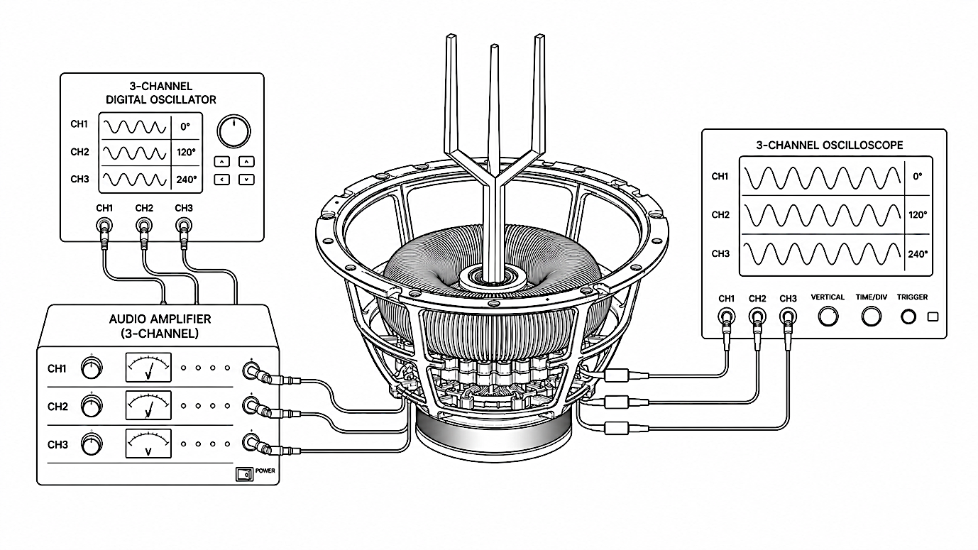 FIG-N1-06: EMT connection block diagram - oscillator, audio amplifier, FORKER, coil, resonator, monitoring oscilloscope.
