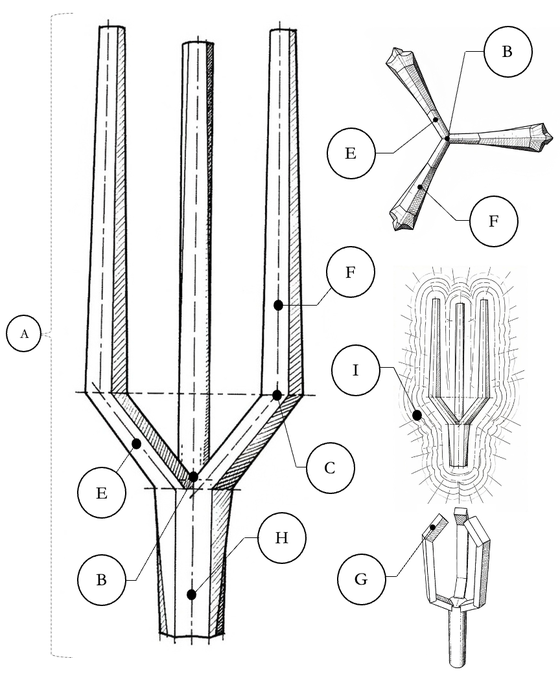 FIG-N1-09: Resonator segments and components. Technical visualization of the spatial geometry and arrangement of the fundamental structural elements of the monolithic structure.