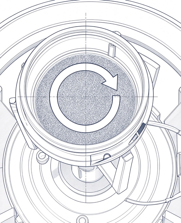 FIG-N1-14: Schematic rendering of the preliminary observation of circumferential motion of metal filings in a round vessel mounted in the crown region of the resonator. The arrow indicates the observed directional motion of the particles; the schematic does not specify its physical mechanism.