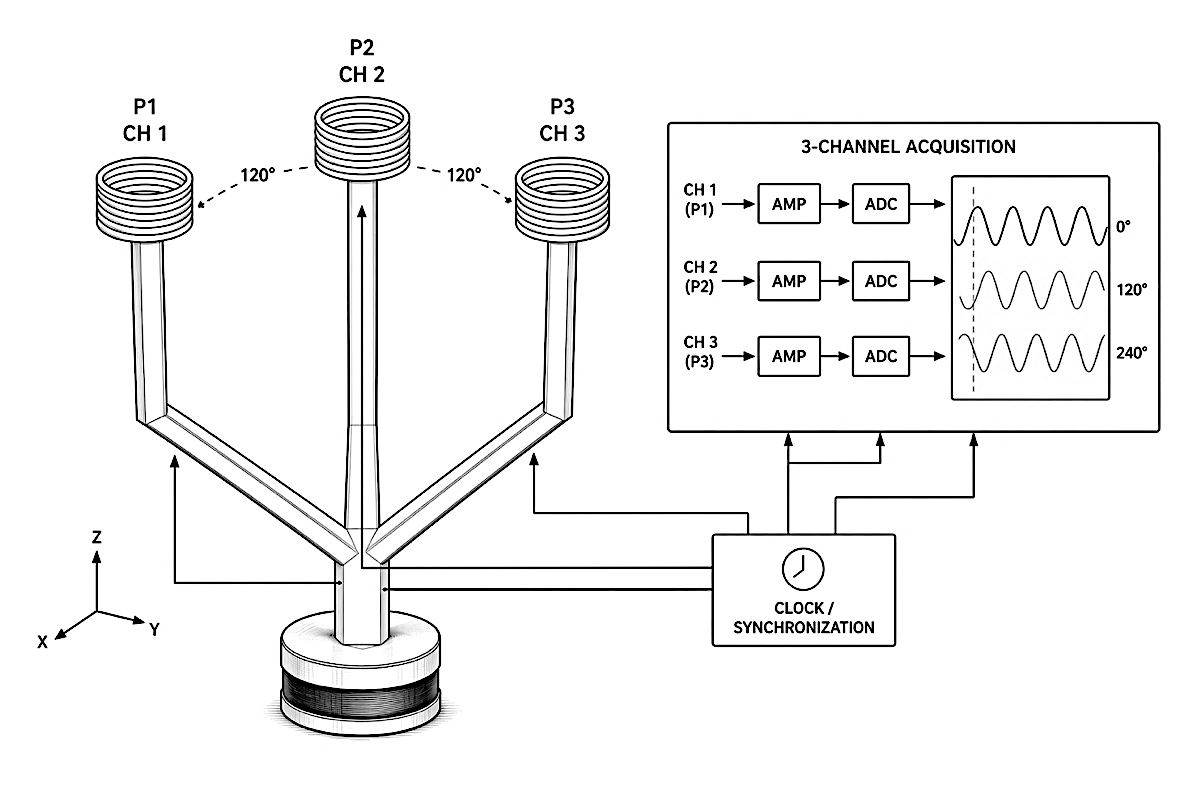 FIG-N1-20: Placement of pickup coils near the arm tips, signal routing, and channel-synchronization method.